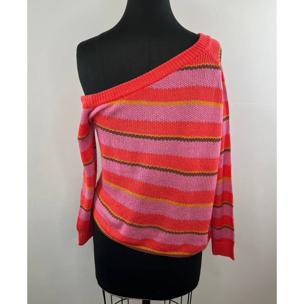 TULAROSA Dorado Sweater Pink Stripe One Shoulder Ribbed Knit Acrylic X-Small XS - Picture 3 of 6